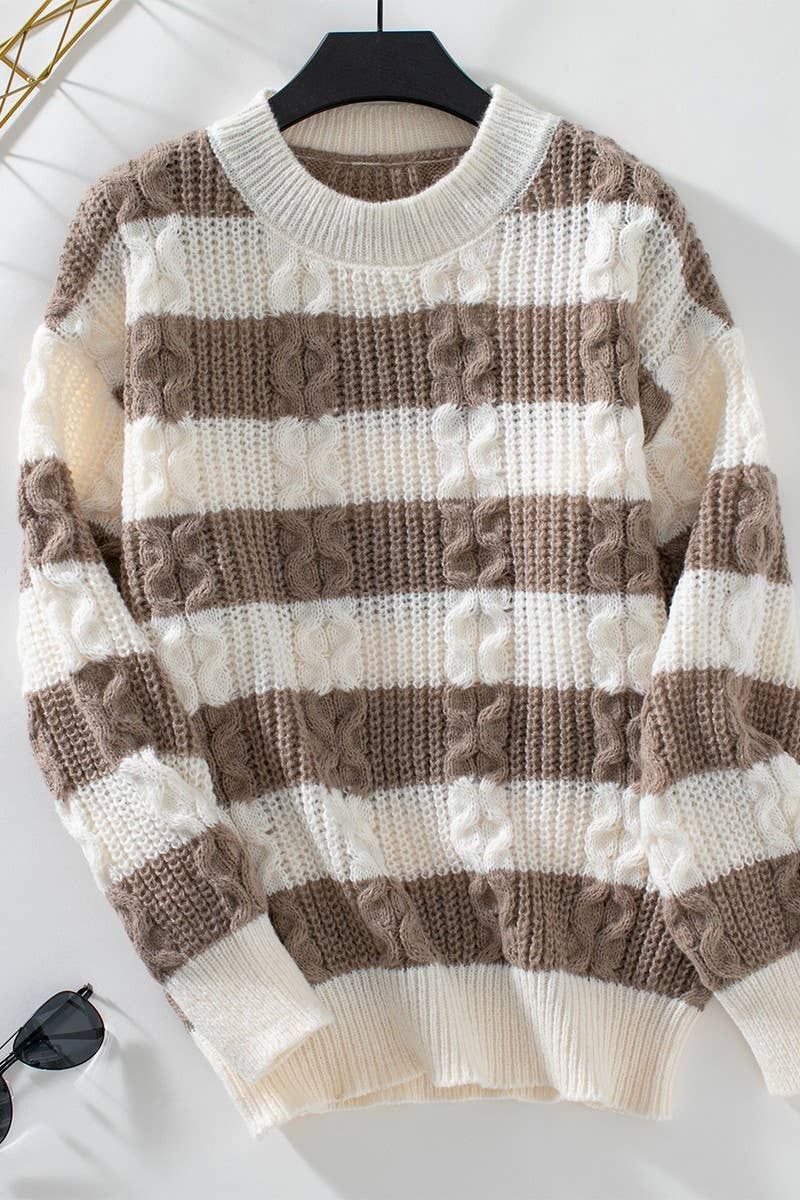 CWOSWL2917_PULLOVER STRIPED LOOSE CABLE KNIT SWEATER