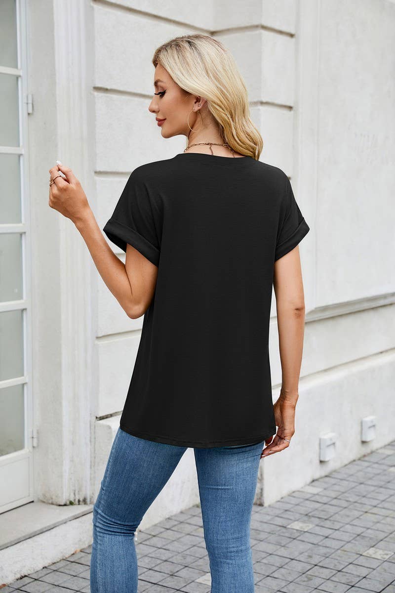 CWTBLS1728_SOLID COLOR ROUND NECK T-SHIRT SHORT SLEEVE TOP