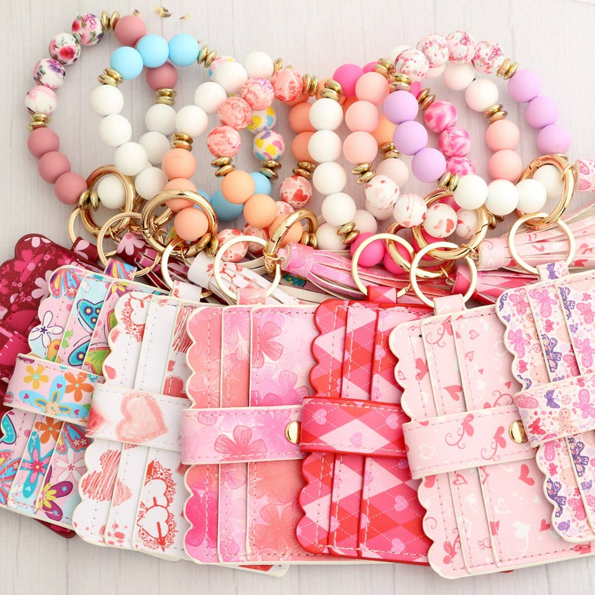 Heart PU Card Wallet with Beaded Keychain_CWAB4944