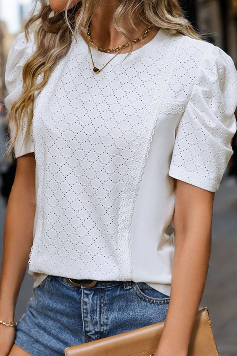 CWTBLS0681_WHITE CREW NECK PUFFY SLEEVE KNIT TOP