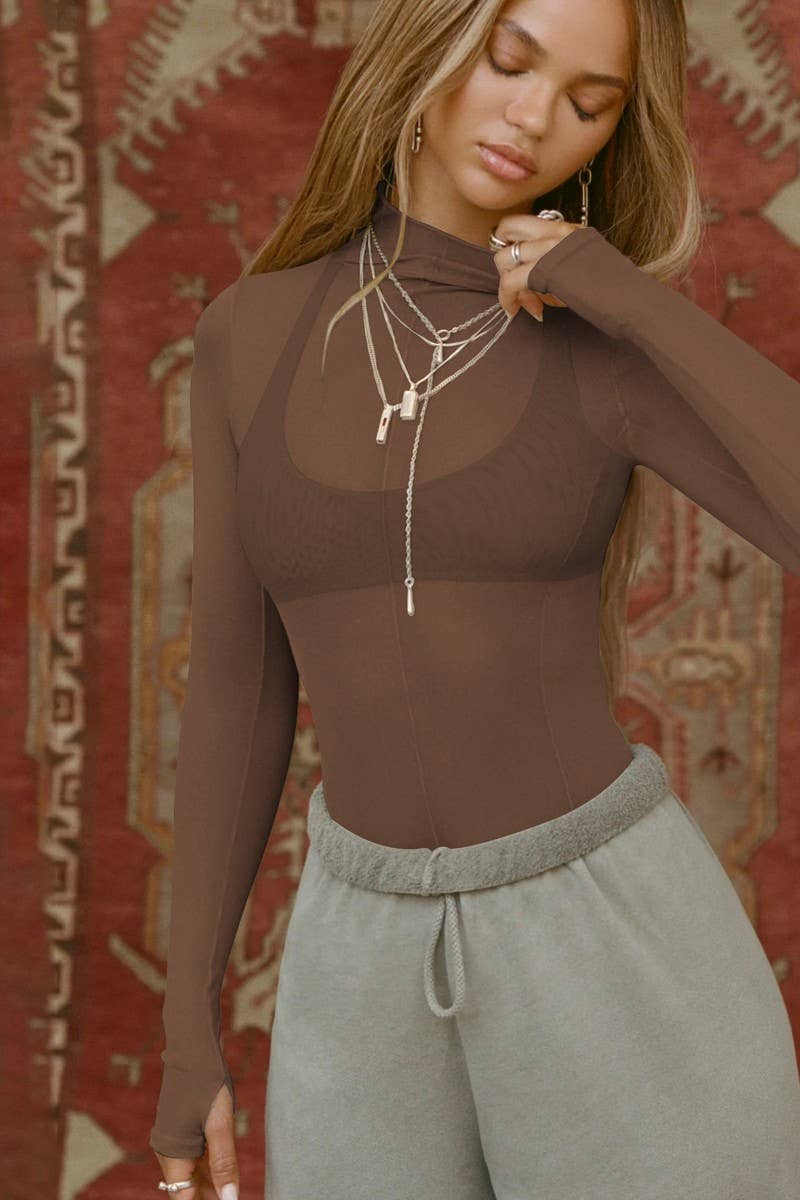 CWTBLL3812_SHEER MESH SLIM FIT HIGH NECK LONG SLEEVE TOP