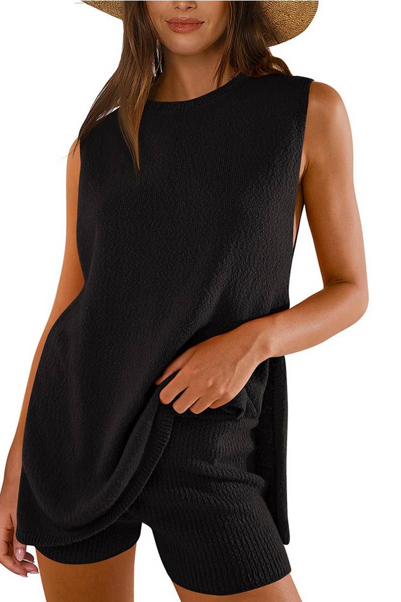 CWSTB1658_SOLID COLOR SLEEVELESS SHORTS KNITTED SUIT