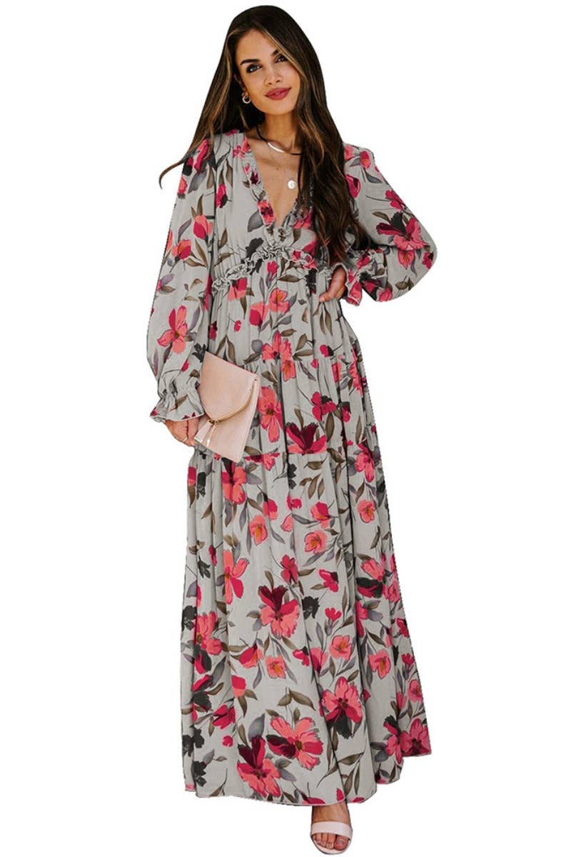 CWDMD2958_RUFFLED TIERED LONG-SLEEVED V-NECK FLORAL DRESS