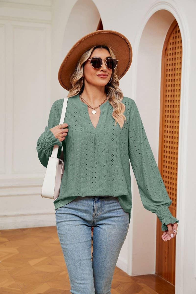 CWTBLL2377_SOLID COLOR V-NECK LOOSE LONG-SLEEVED PULLOVER