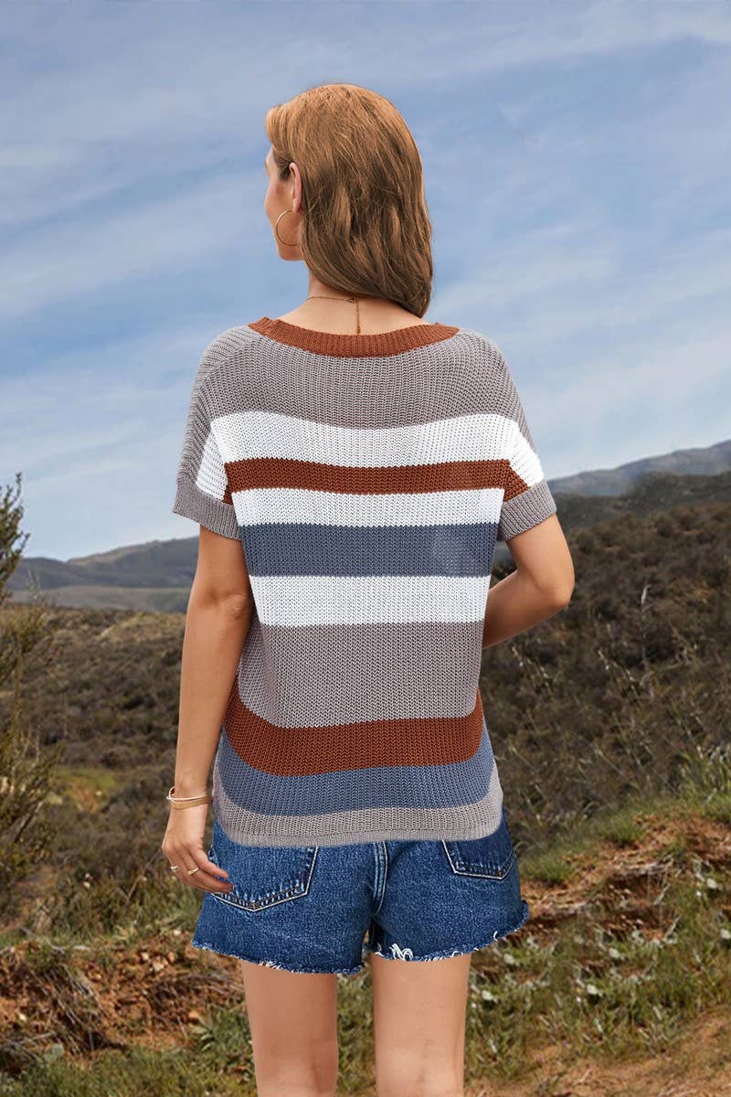 CWTTS1081_RAINBOW STRIPED CREW NECK SHORT SLEEVE KNIT TOP