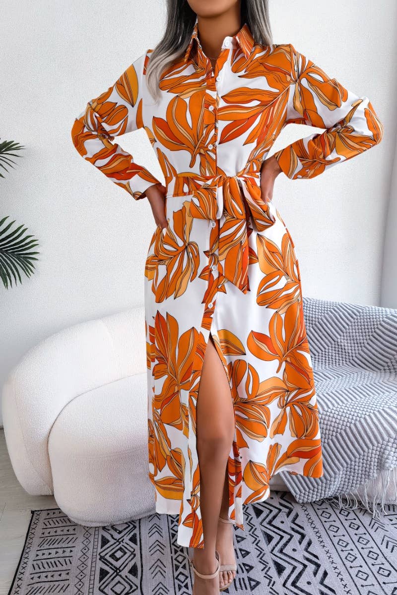 CWDMD2650_COLORFUL FLOWER LAPEL LACE-UP SHIRT LONG DRESS