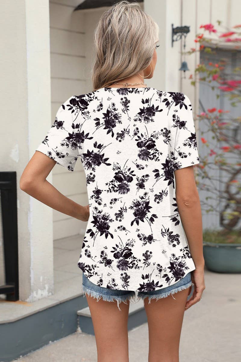 CWTBLS1724_LOOSE CREW NECK PLEATED PRINT SHORT SLEEVE TOP