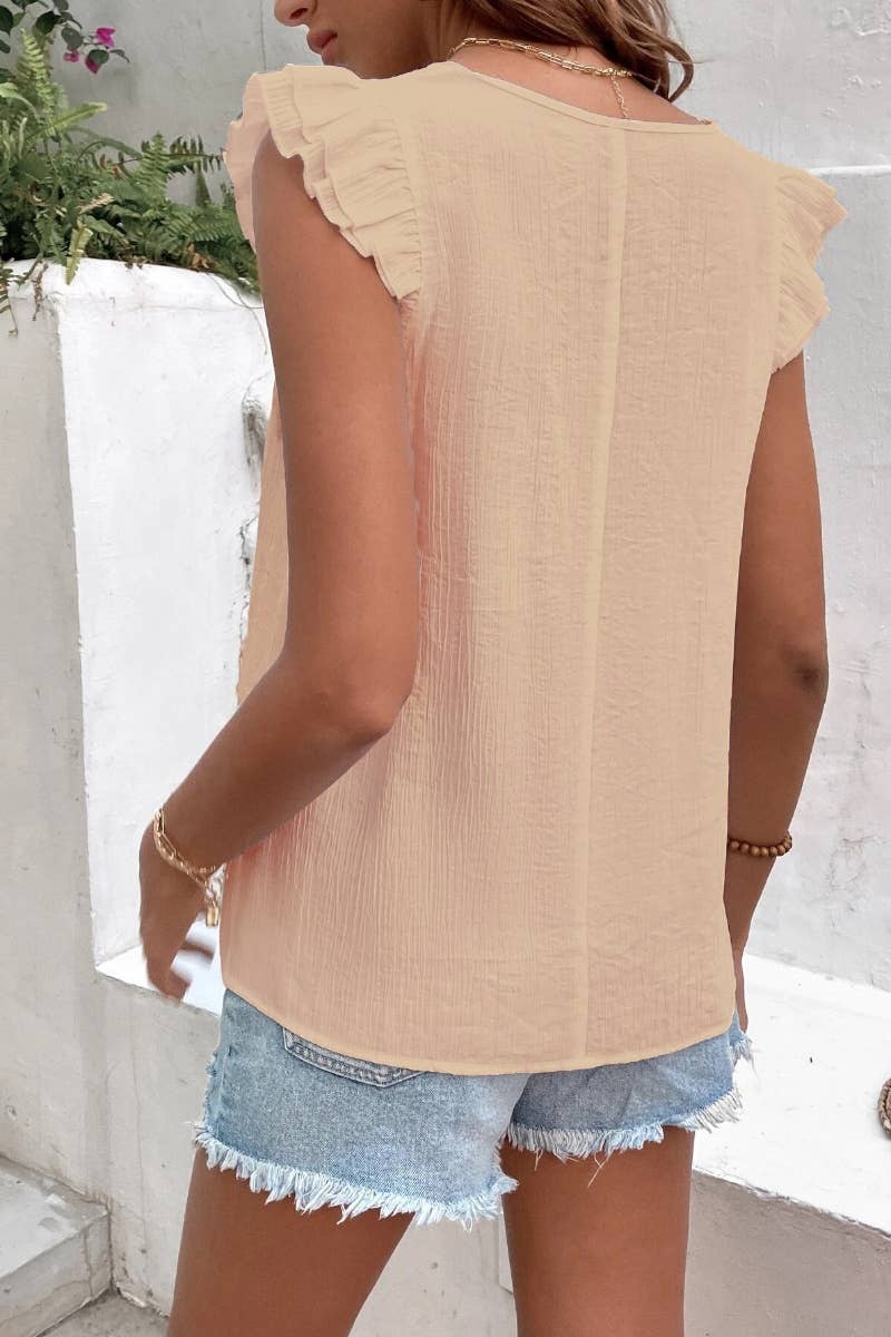 CWTBLSL0245_V-NECK LACE PATCHWORK RUFFLED CASUAL TOP