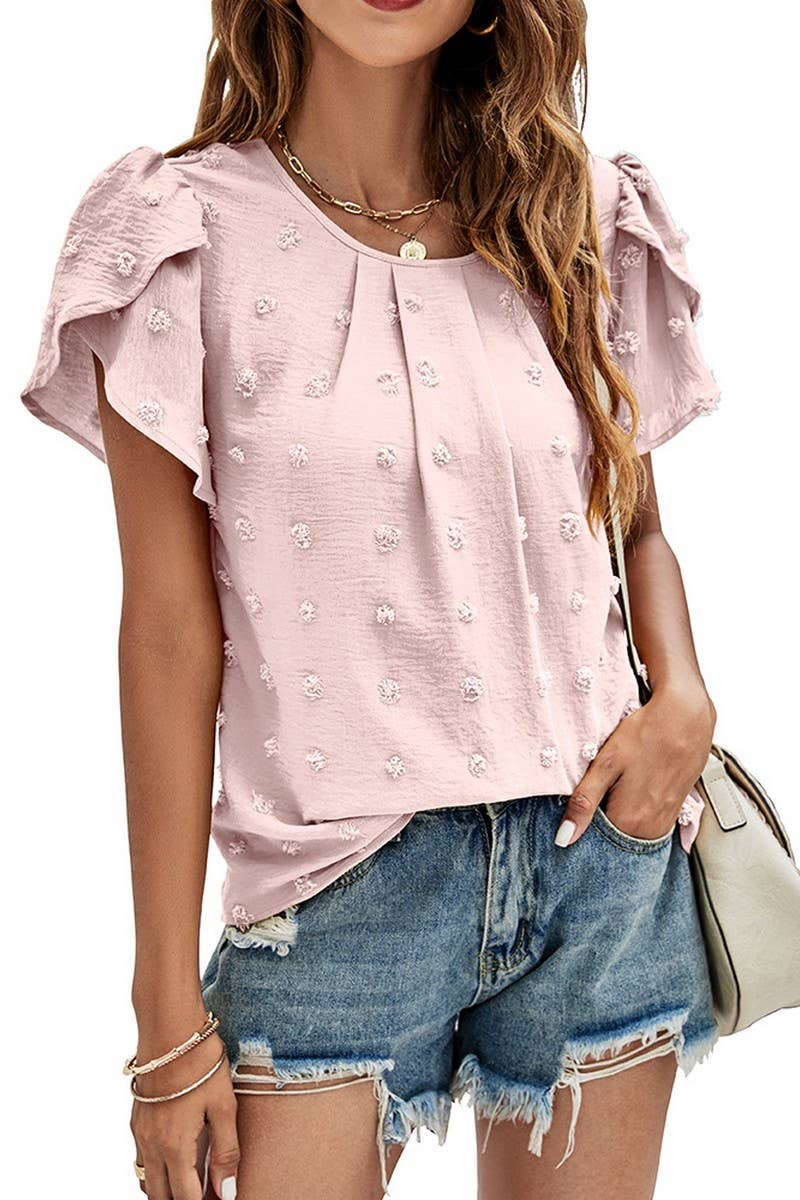 CWTBLS0342_Round neck Short Puff Sleeve Blouse