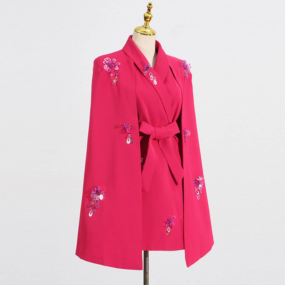 Chic Patchwork Cape Blazer with Waist Tie_CWOCO1253