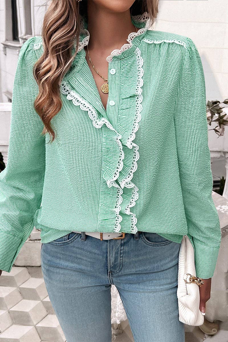 CWTSTL1211_TEMPERAMENT STRIPED LACE LONG-SLEEVED SHIRT