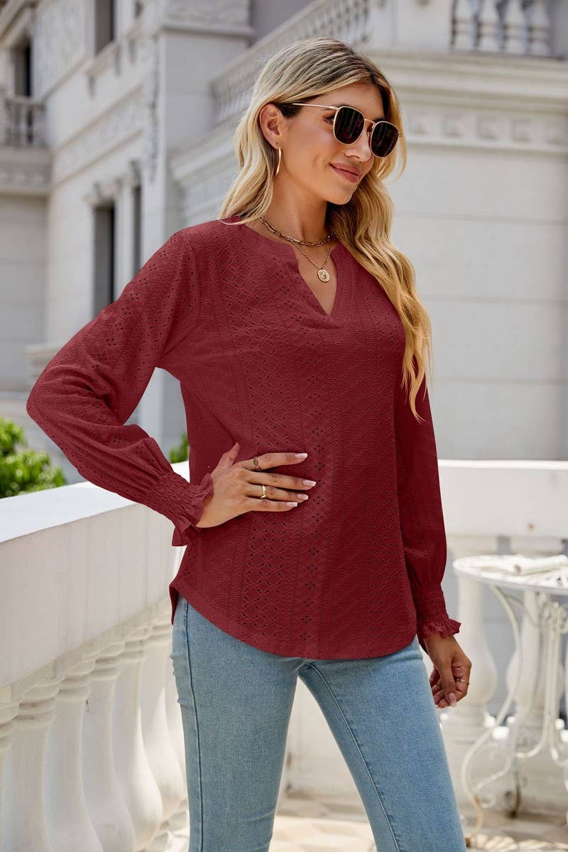 CWTBLL1848_V-NECK HOLLOW LOTUS LEAF SLEEVE LOOSE TOP