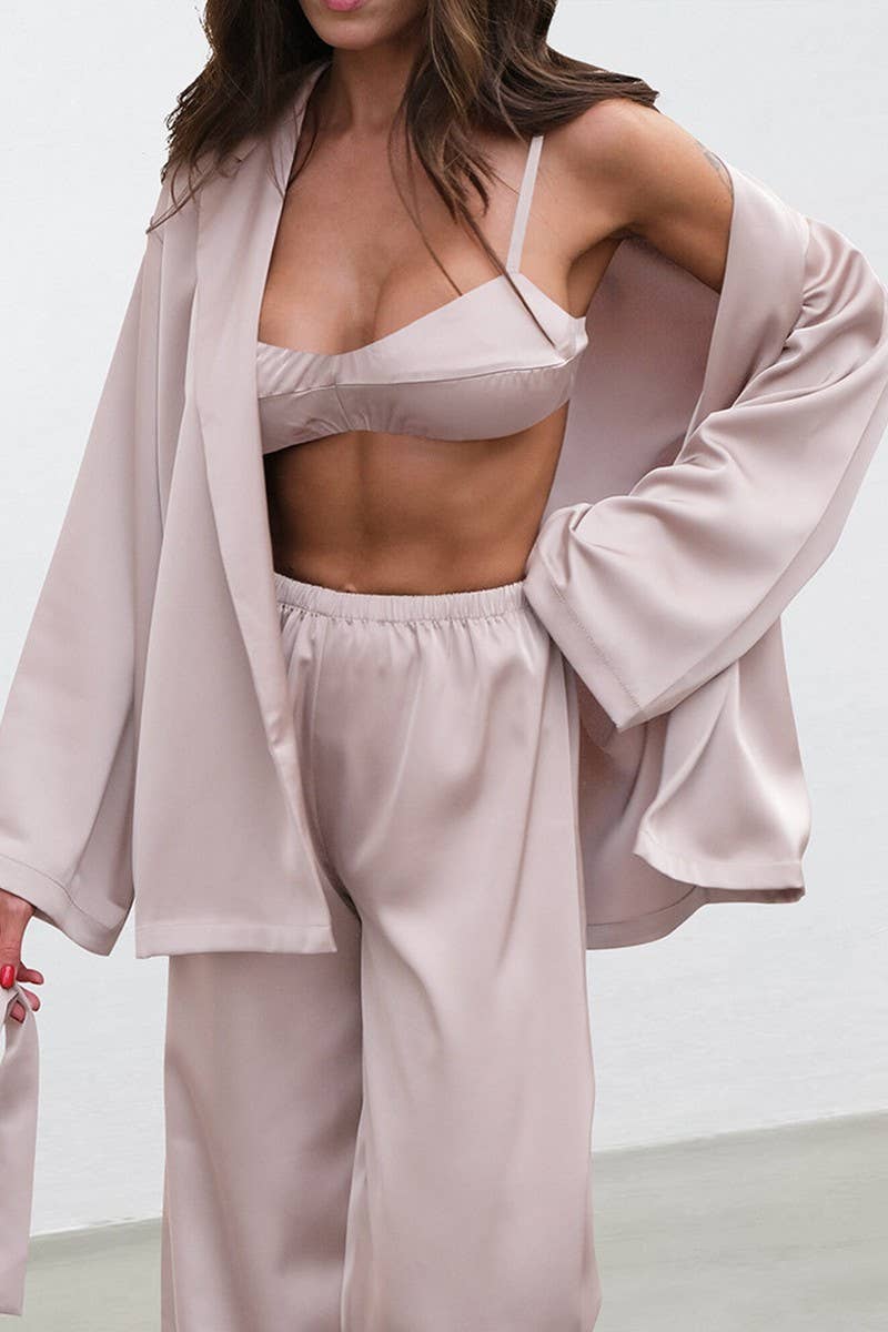 CWSPJ0267_SOLID COLOR SATIN HOME WEAR THREE PIECE SET