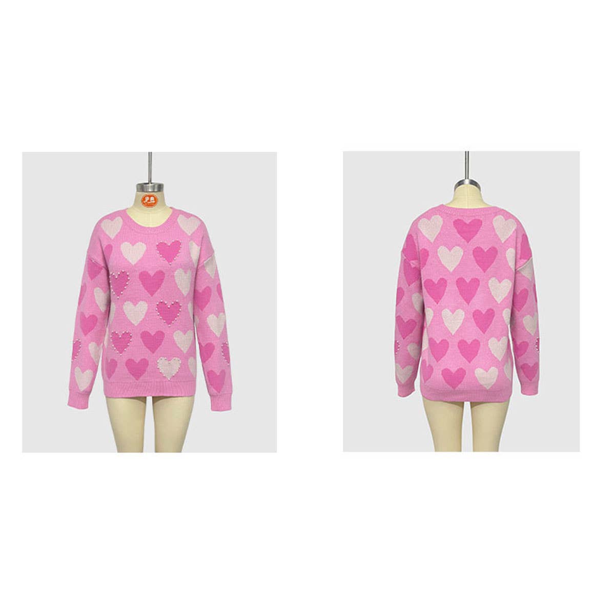 Beaded heart peach round neck pullover sweater