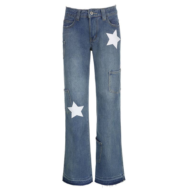 Aged five-pointed star printed high-waisted jeans