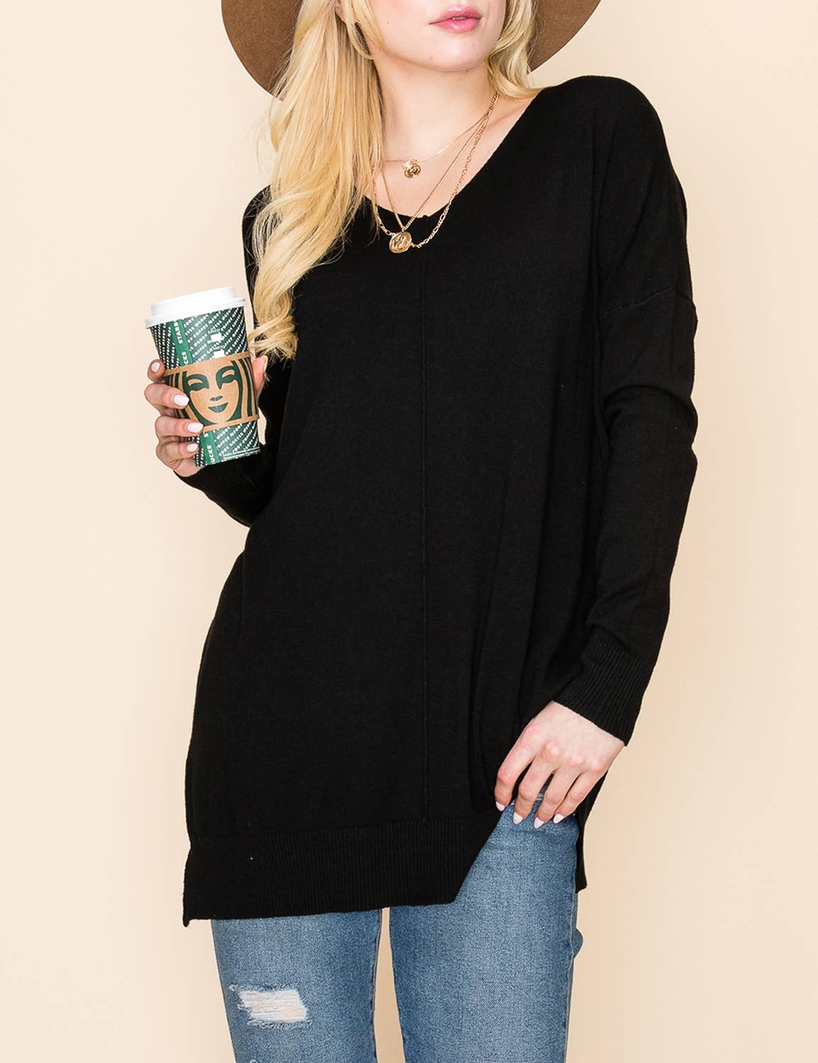 CWOSWL1826_V NECK LOOSE FIT TUNIC LENGTH SOFT SWEATER TOP