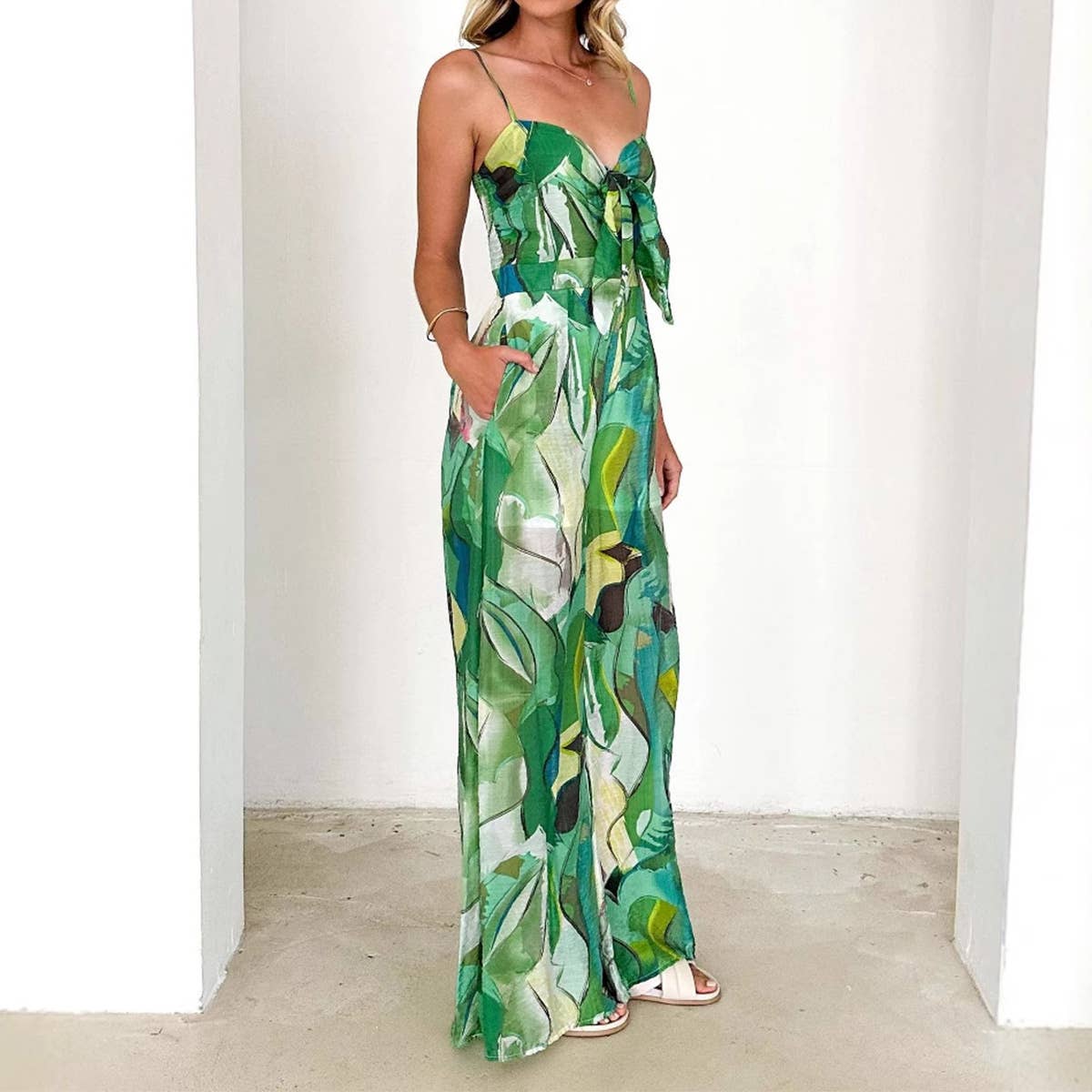 Casual print halter with bow tie jumpsuit