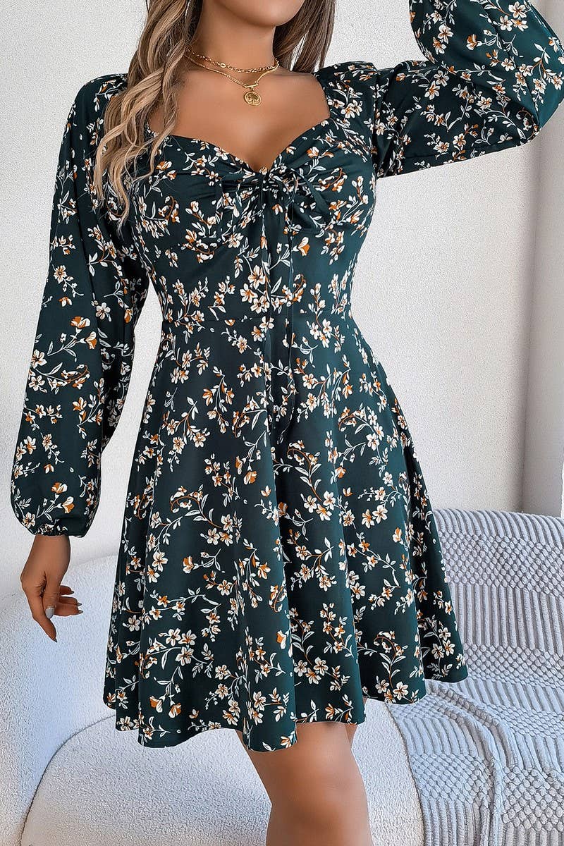 CWDSD7221_CASUAL SQUARE NECK FLORAL LONG SLEEVE A-LINE DRESS
