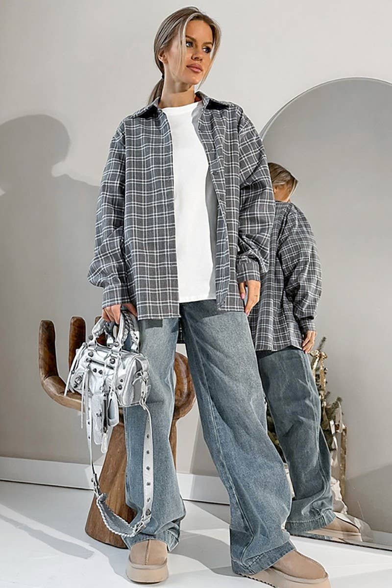 CWTBLL00626_SIMPLE LOOSE NICHE PLAID LONG-SLEEVED SHIRT