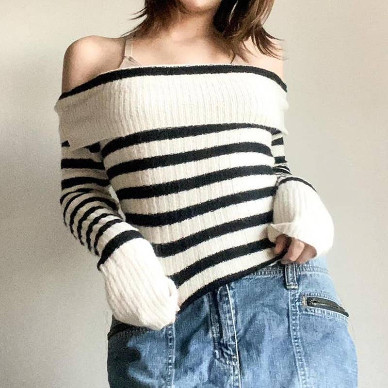 BLACK AND WHITE STRIPED SEXY ONE-SHOULDER SWEATER