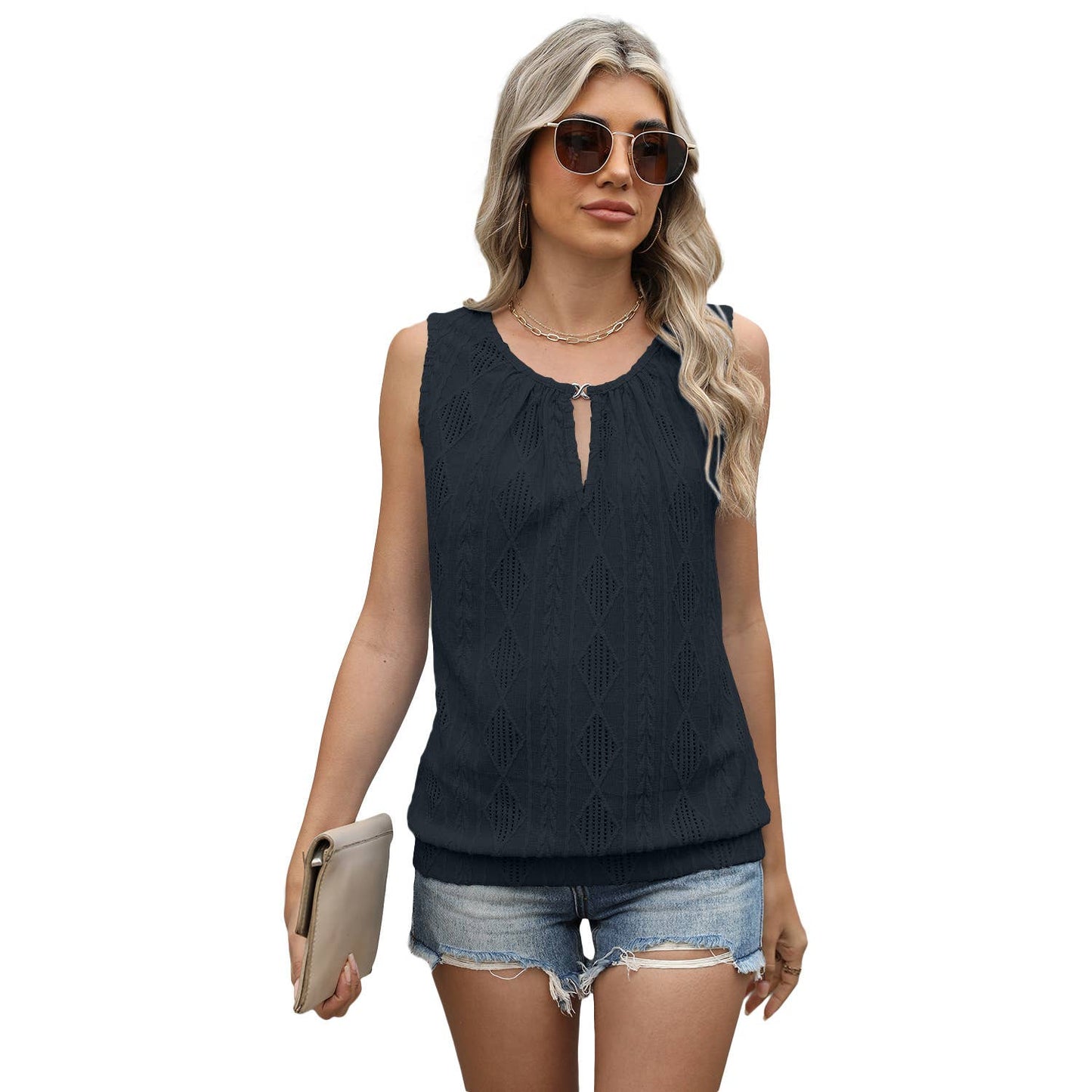 Button-down V-neck sleeveless vest T-shirt