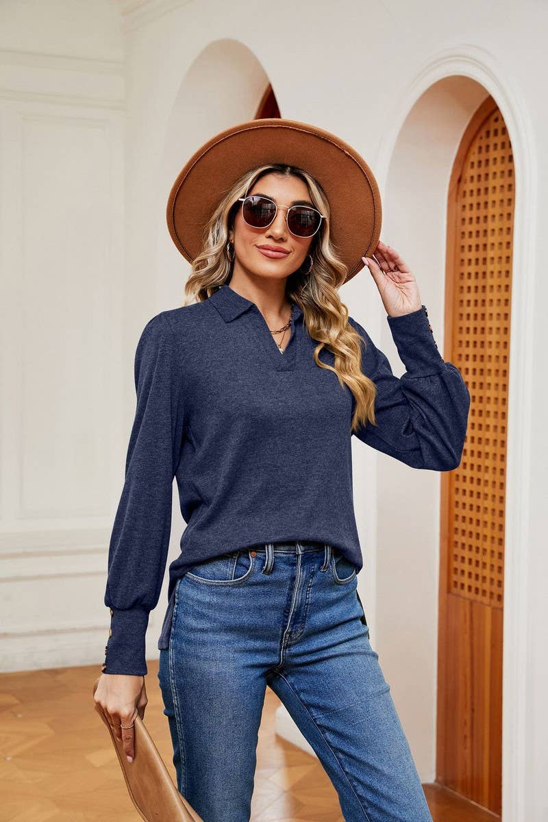 CWTBLL2398_SOLID COLOR POLO NECK LONG SLEEVE BUTTON PULLOVER