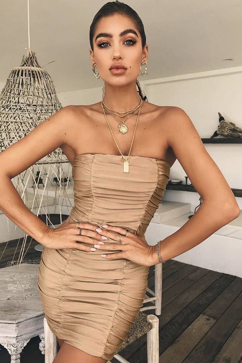 CWDTD00498_STRAPLESS RUCHED BODYCON CLUB DRESS