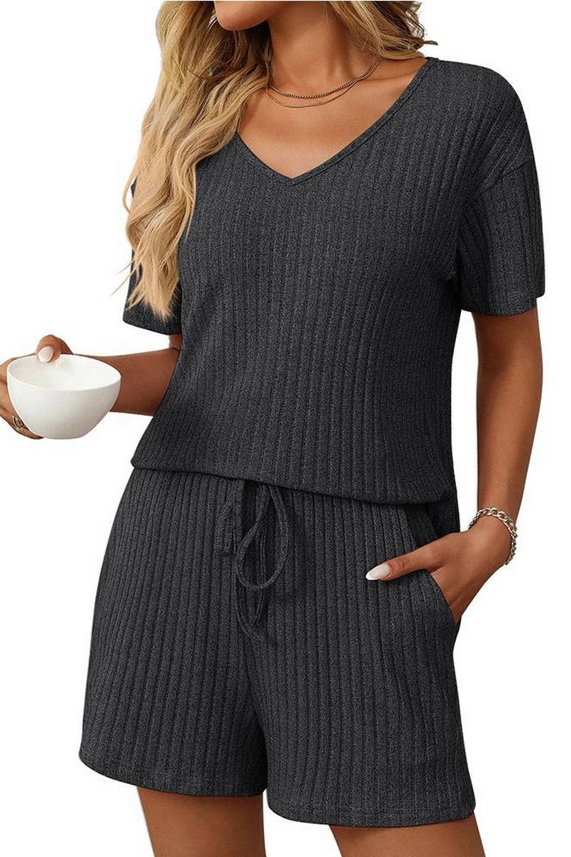 CWSTB1663_SOLID COLOR STRIPED SHORT-SLEEVED HOME WEAR SUIT