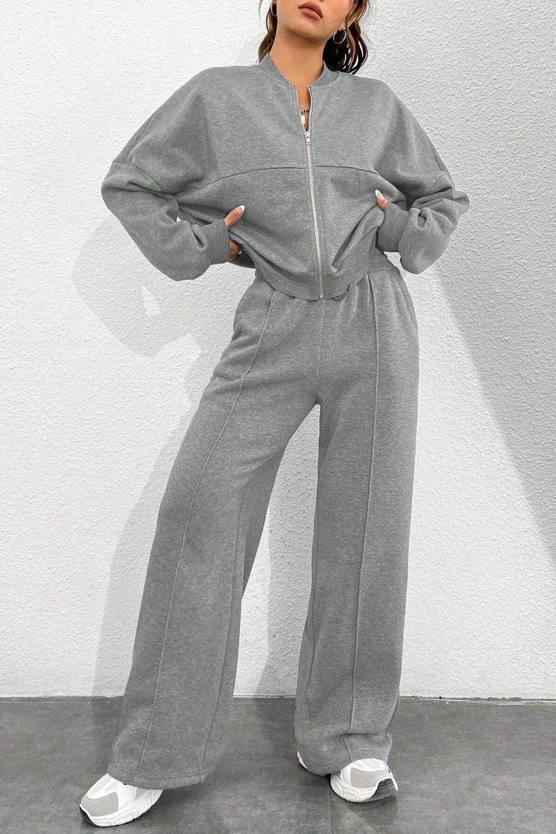 CWSS01302_CASUAL ZIPPER CARDIGAN AND TROUSERS TWO-PIECE SET