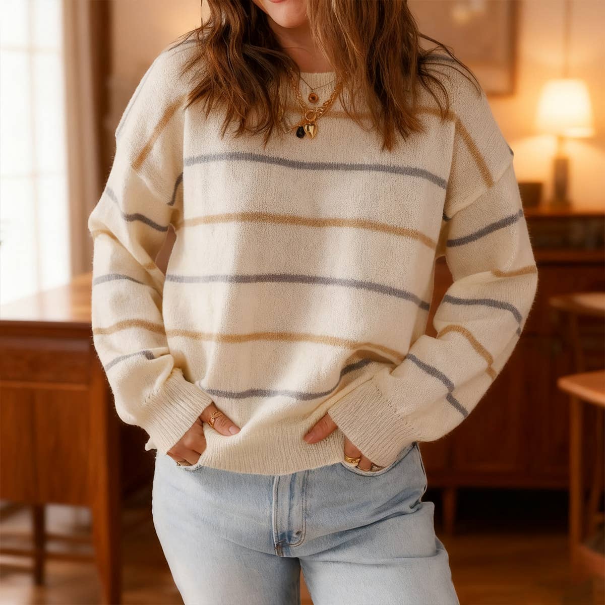 Colorful striped long-sleeved loose sweater