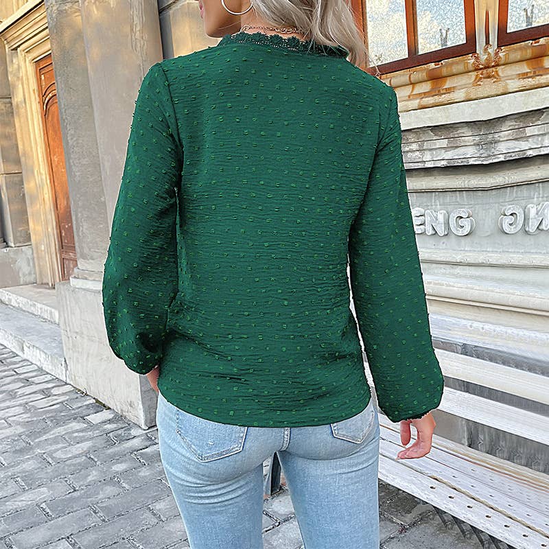 COMMUTER LONG SLEEVE LACE PATCHWORK V-NECK SHIRT