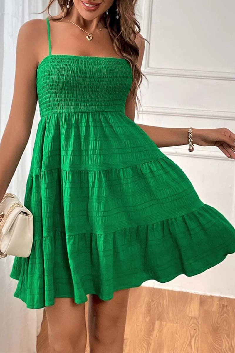 CWDHL0739_SUMMER SOLID COLOR TEXTURED SUSPENDER DRESS