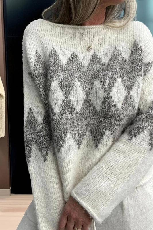 CWOSWL07460_OFF SHOULDER COLORBLOCK ARGYLE KNIT SWEATER