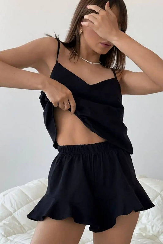 CWSPJ0372_SOLID COLOR SUSPENDER SHORTS PAJAMA SET