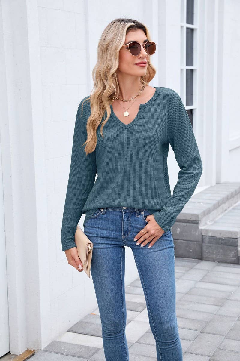 CWTBLL01294_V-NECK WAFFLE LONG-SLEEVED LOOSE T-SHIRT TOP