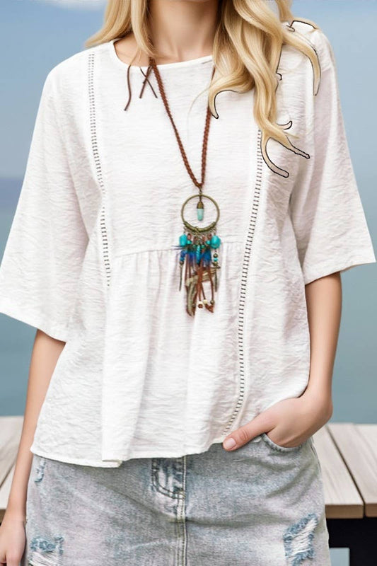 CWTTS00723_LACE HOLLOW WOMEN'S CASUAL SOLID COLOR SHIRT