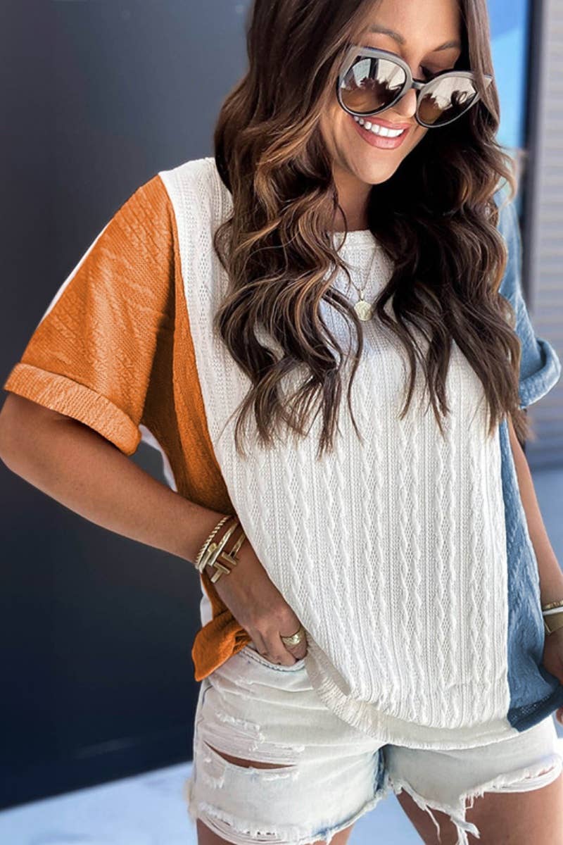 CWTBLS1373_STYLISH CREW NECK SHORT SLEEVE COLOR CONTRAST TOP