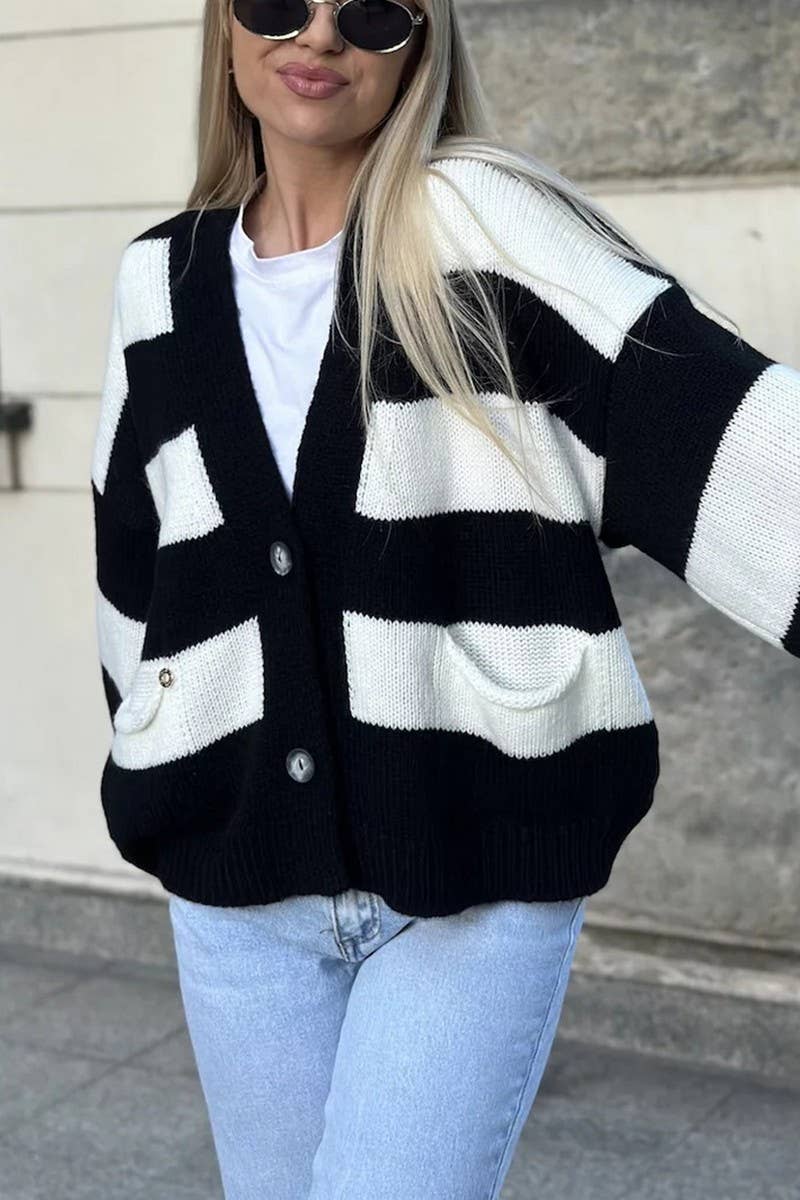 Color contrast striped loose sweater cardigan