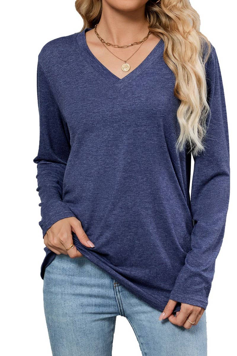 CWTTL00997_AUTUMN CASUAL V-NECK SOLID COLOR LOOSE T-SHIRT