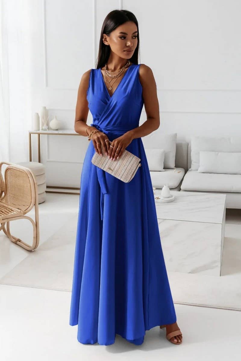 CWDMD6334_TIE WAIST V-NECK EVENING LONG GOWN DRESS