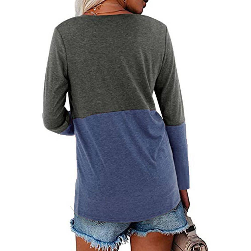 Color contrast patchwork V-neck long sleeve Tshirt