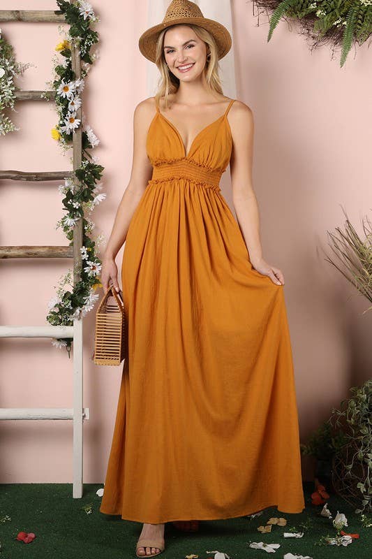 CWDMD819_Smocking Waist Maxi Dress with Adjustable Strap
