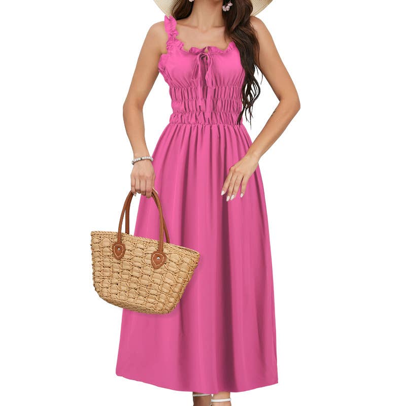 Casual Solid Color Waist-Tie Long Maxi Dress