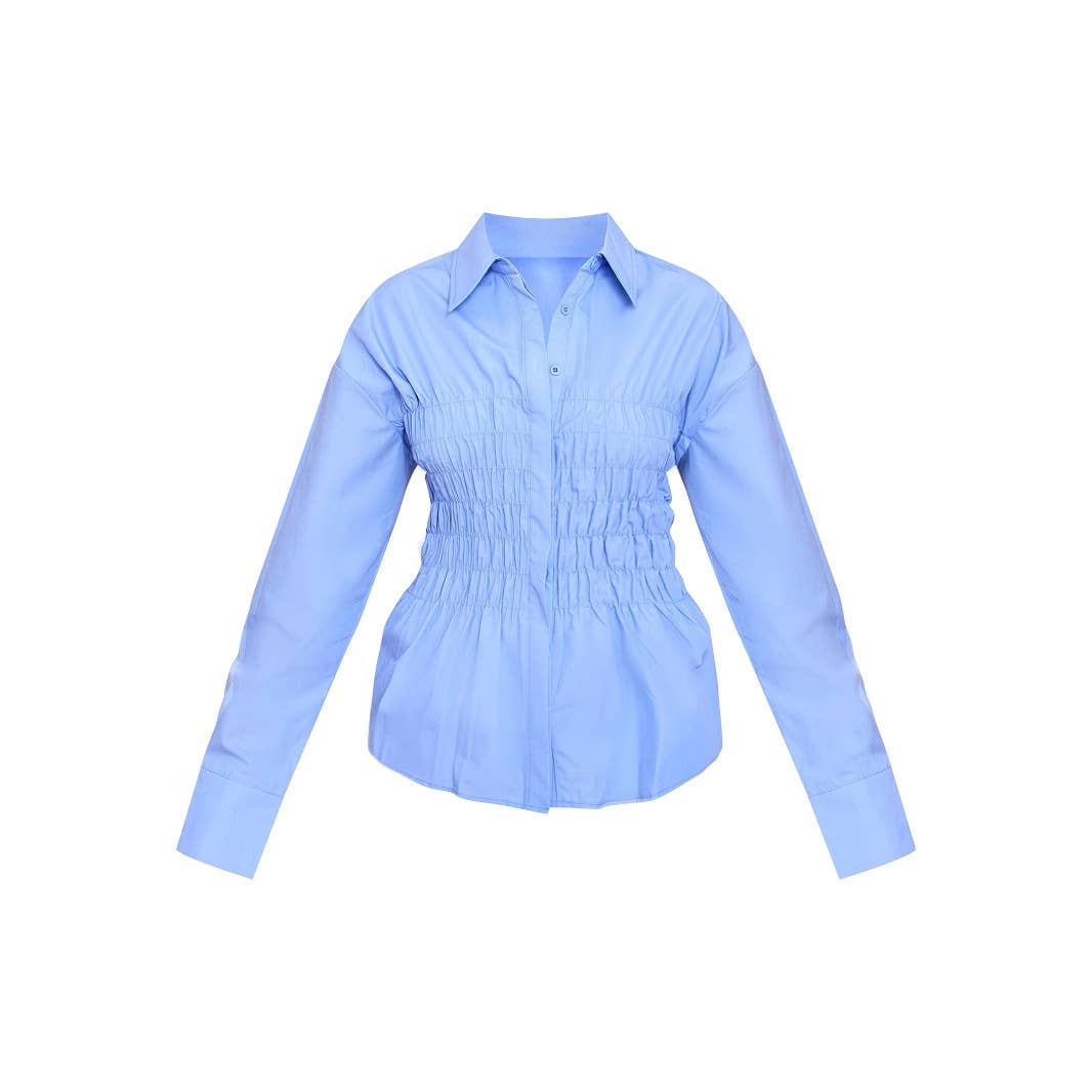 Fashionable lapel pleated cinched-waist shirt