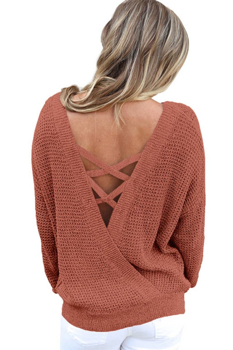 CWOSWL6676_CREW-NECK BACKLESS LONG-SLEEVED KNIT TOP