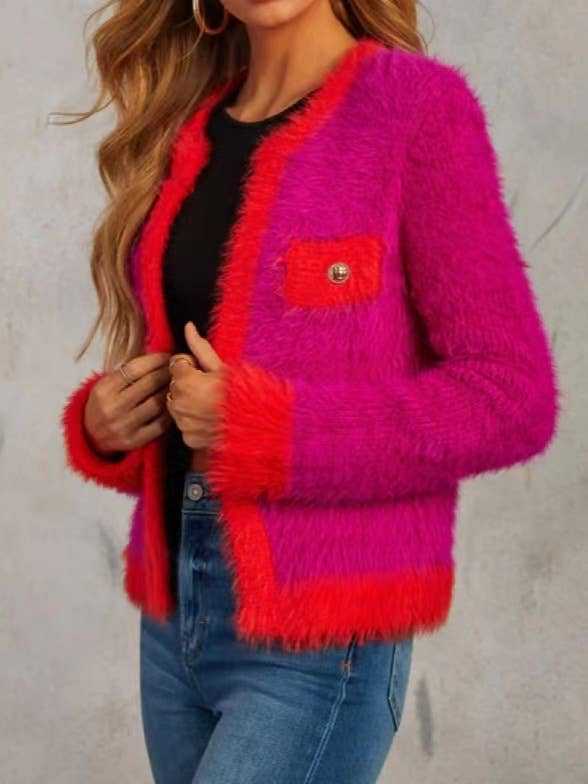 BRIGHT CONTRAST COLOR BUTTONLESS PLUSH CARDIGAN