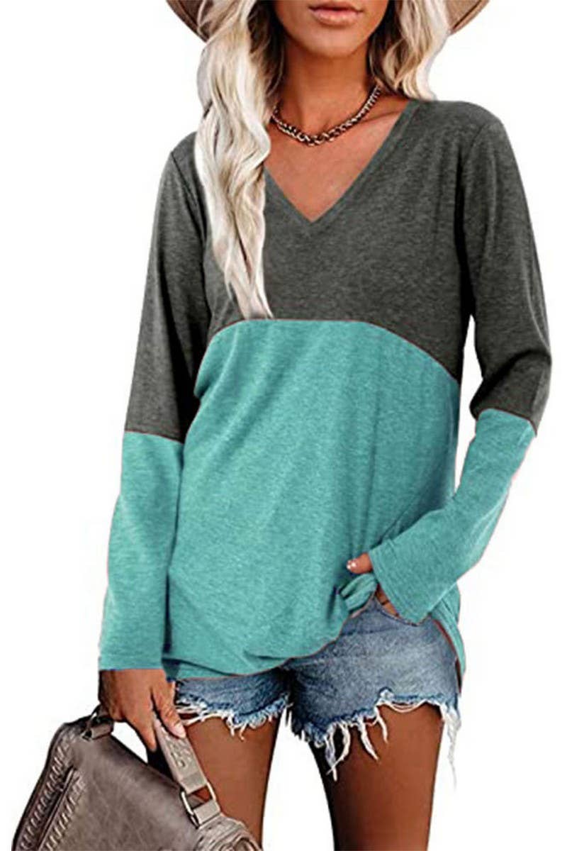 CWTBLL3689_CONTRAST COLOR V-NECK LONG-SLEEVED LOOSE TOP