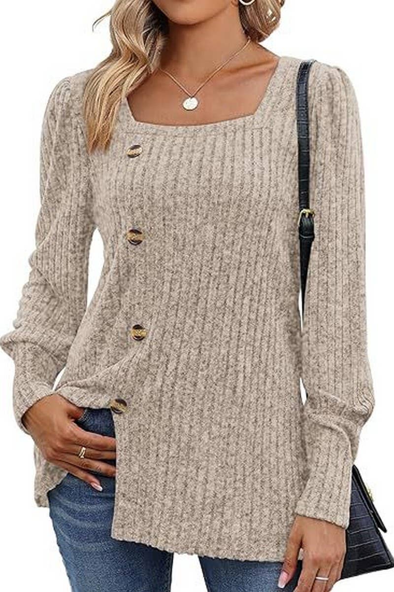 CWTBLL4014_RIBBED SQUARE NECK PUFF SLEEVE SPLIT HEM TOP