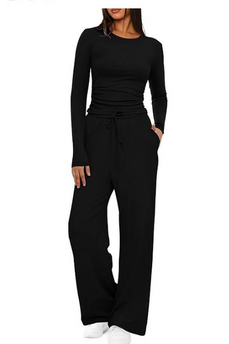 CWSTB2035_CASUAL RUCHED LONG SLEEVE TOP & PANTS SET