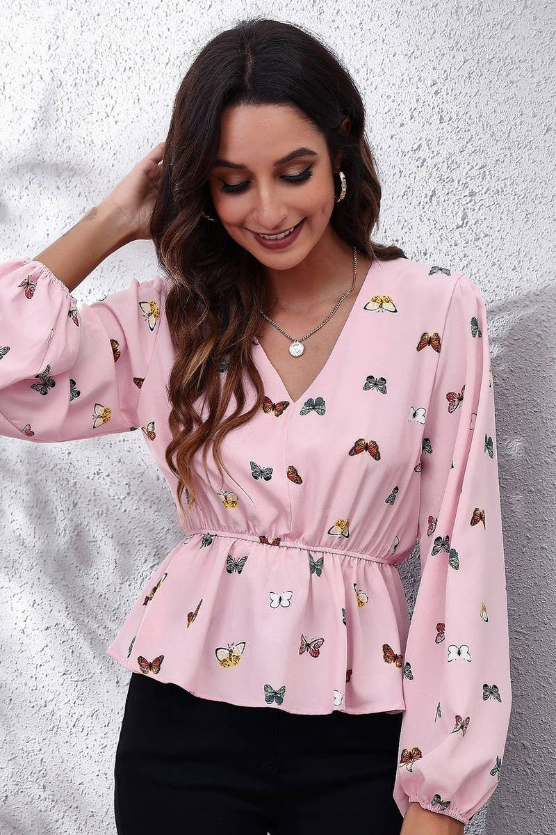 CWTBLL3749_V-NECK BUTTERFLY LANTERN SLEEVE WAIST TOP